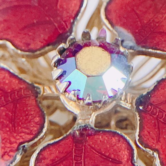 Vintage Mid Century Red Enamel Flower Brooch Aurora Borealis Gold Tone Pin 1960s - Picture 3 of 9